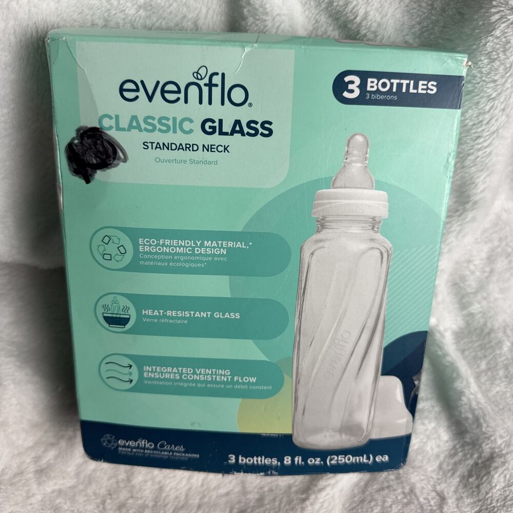 Evenflo Classic Glass Standard Neck 3 Pack 8oz Baby Bottles Slow Flow Nipple Cap